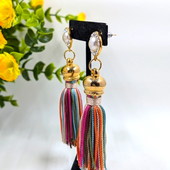 Colorful Tassel Dangle Earrings with Genuine Crystal and Pearl Accents - Picture 2 of 4